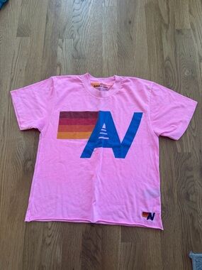 Aviator Nation Womens Pink Tee with Blue Logo and Sunset Stripes